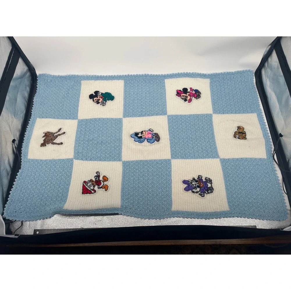Disney Baby Hand Knitted Crochet Blanket Mickey Minnie Donald Blue White 31x46